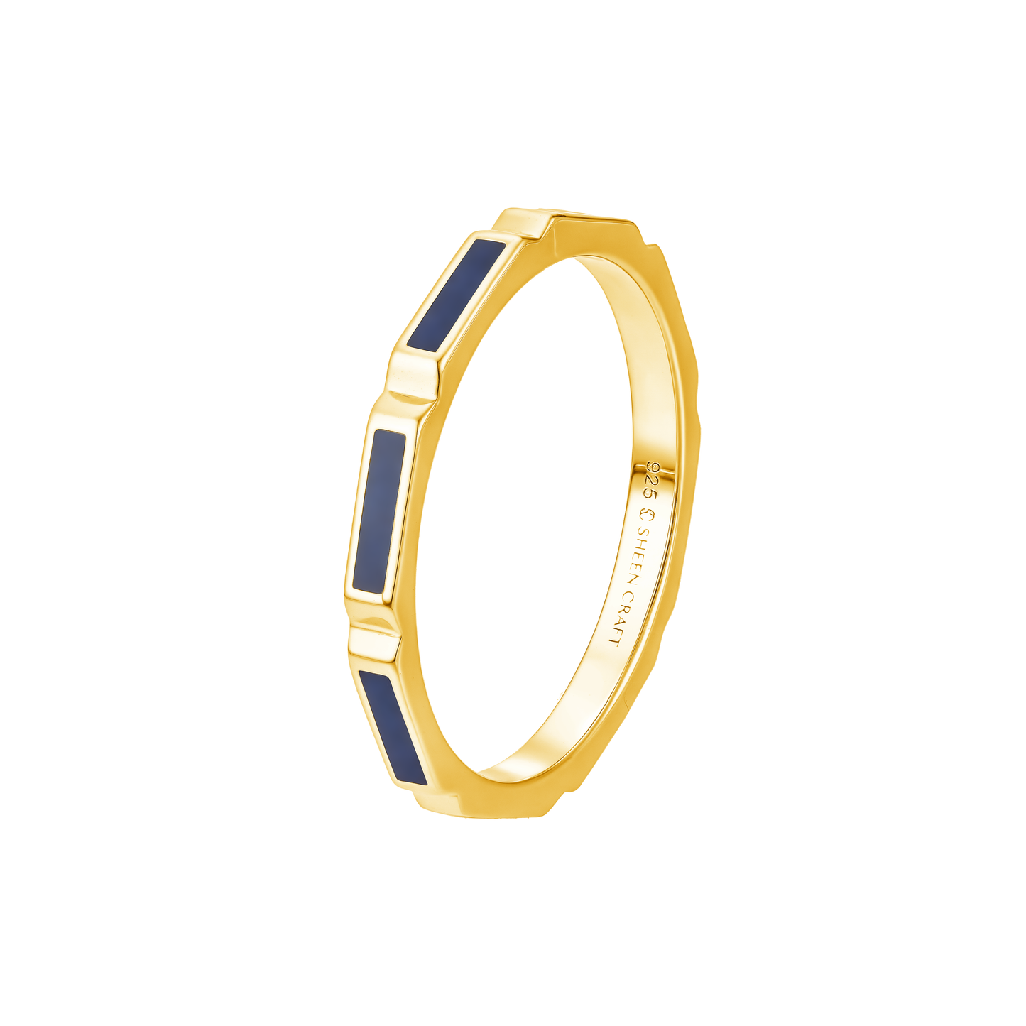 Enamel Band Ring 925 Sterling Silver 18K Gold with blue inlay on a white background