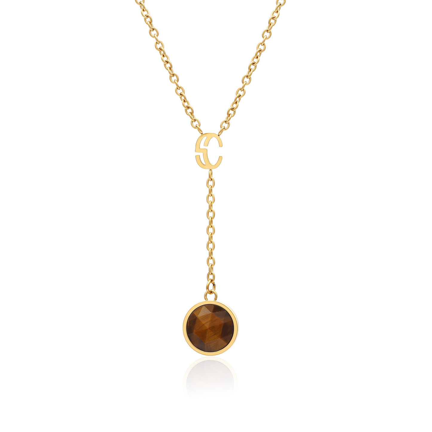 Gold necklace with a round brown tiger eye gemstone pendant on a white background