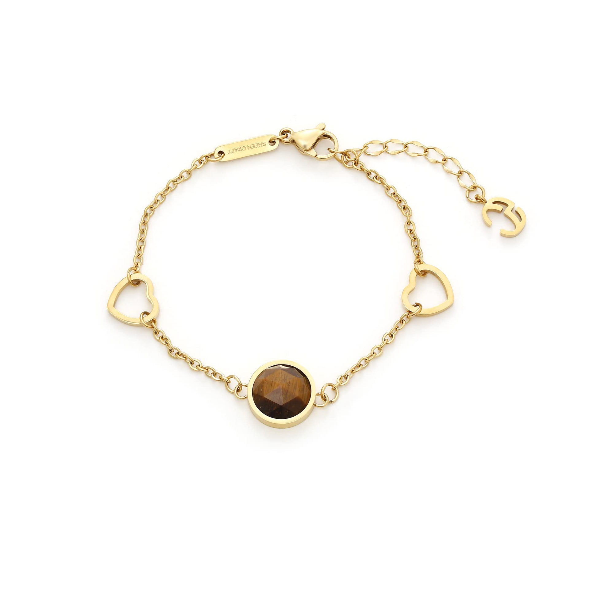 Gold tiger eye bracelet with a brown gemstone on a white background