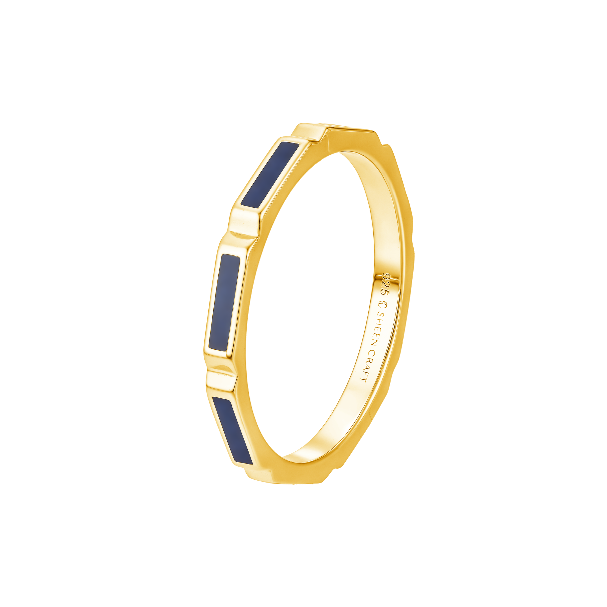 Enamel Band Ring 925 Sterling Silver 18K Gold  with blue inlay on a white background