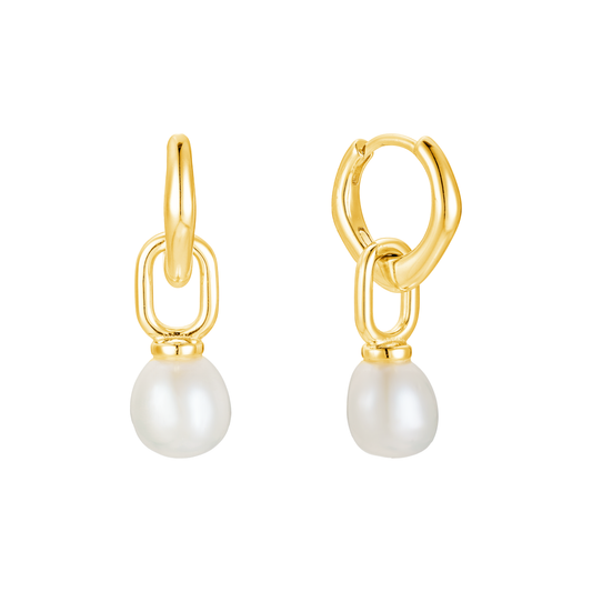 Gold hoop earrings with pearl drops on a white background